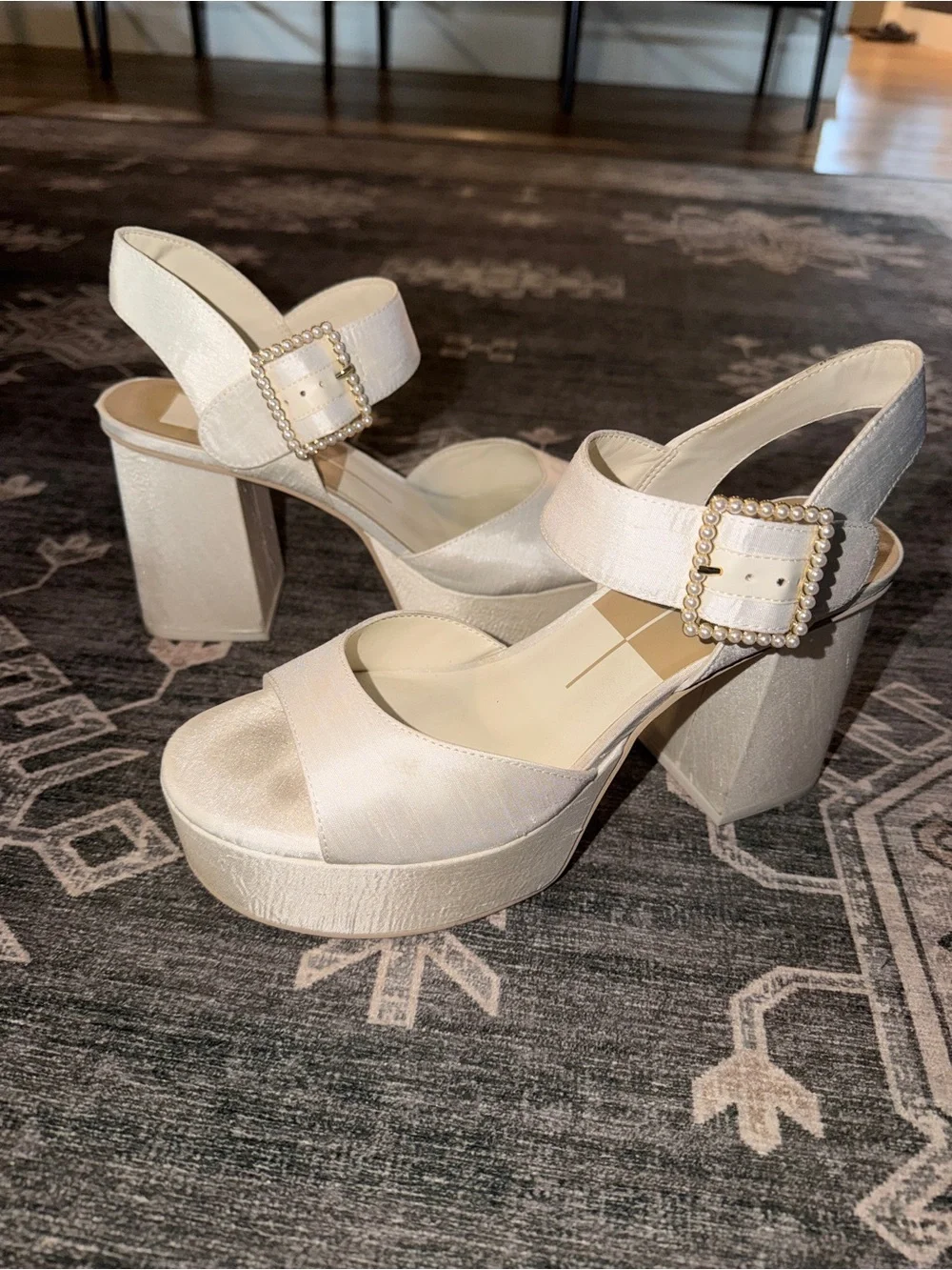 Bridal Dolce Vita White Platform Sandals with Pearl Buckle